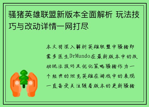 骚猪英雄联盟新版本全面解析 玩法技巧与改动详情一网打尽